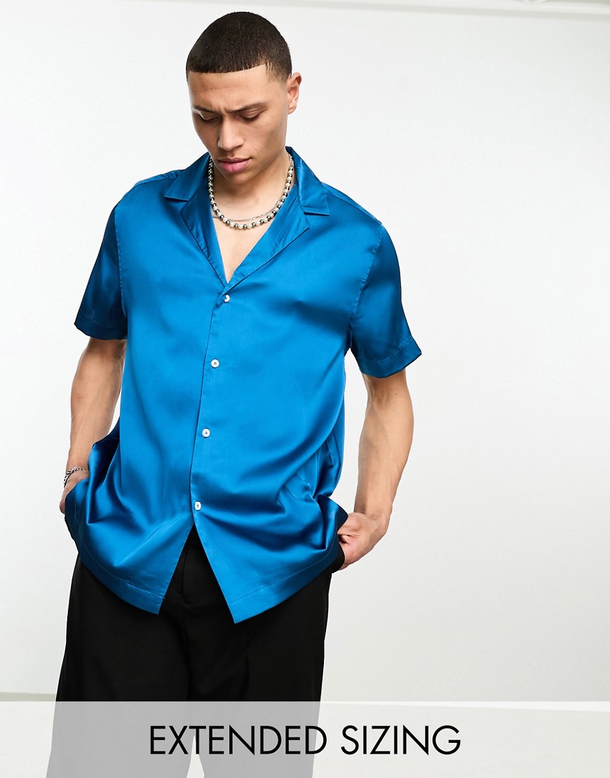 ASOS DESIGN short sleeve relaxed satin deep revere collar shirt in petrol blue