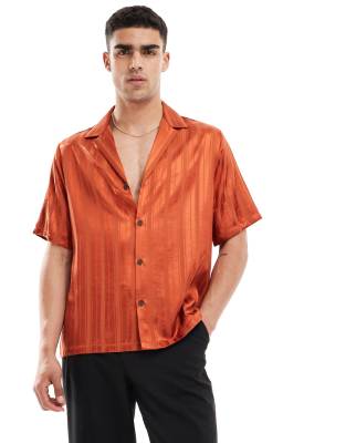 Asos Design Short Sleeve Relaxed Shirt In Orange Jacquard-brown