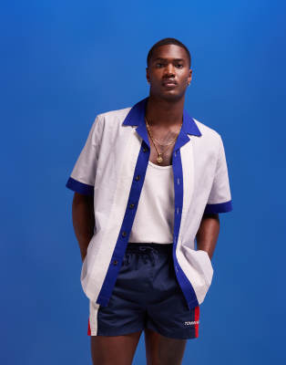 Asos Design Short Sleeve Revere Collar Linen Look Color Block Shirt In Blue - Part Of A Set