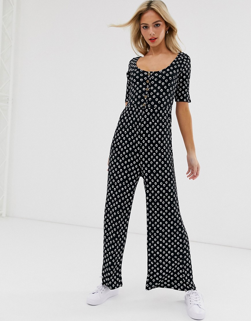 ASOS DESIGN short sleeve rib button front jumpsuit in ditsy floral print-Multi