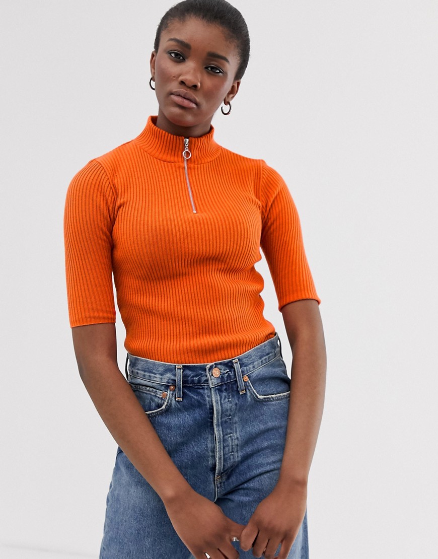 ASOS DESIGN short sleeve rib knit jumper with zip detail-Orange