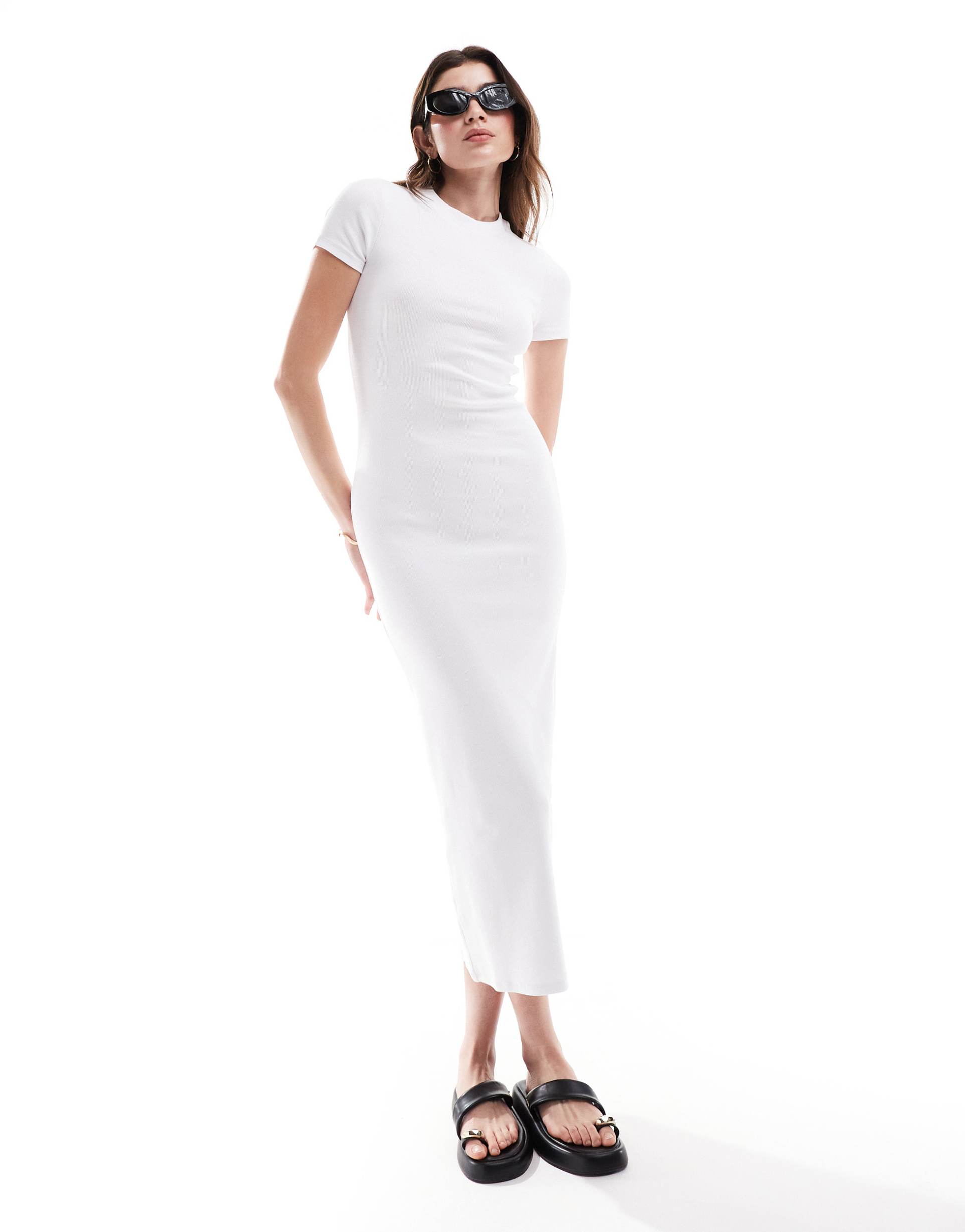 asos design short sleeve ribbed column midi dress in white