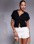 [ASOS DESIGN] ASOS DESIGN short sleeve ribbed jersey waistcoat with gold button trim in black XS Black