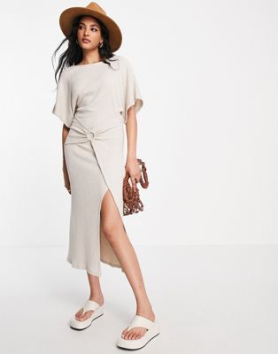 ASOS DESIGN short sleeve ribbed midi dress with ring detail in cream