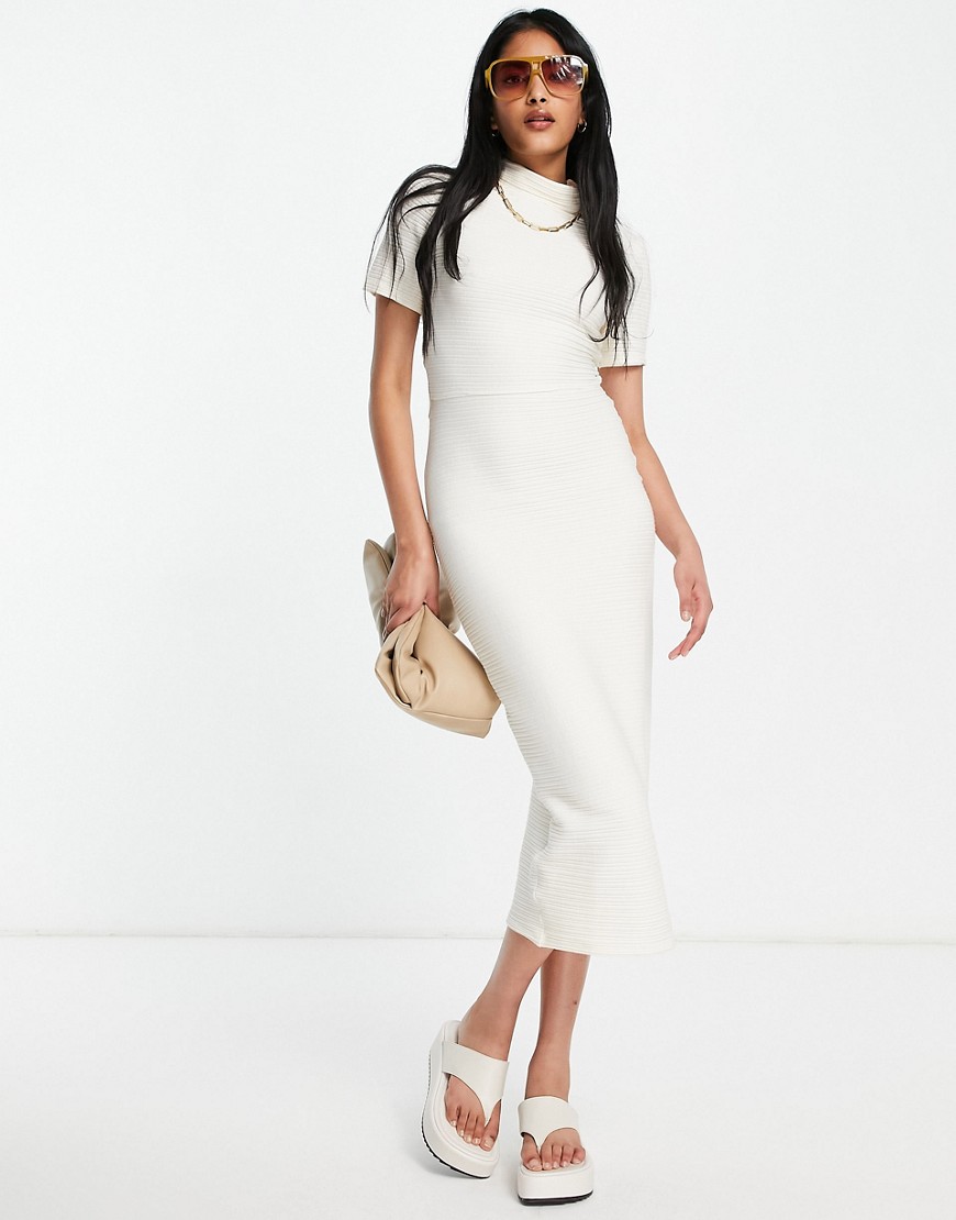 ASOS DESIGN short sleeve ribbed midi dress with twist back detail in winter white