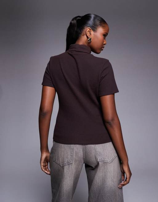 ASOS DESIGN short sleeve roll neck top in brown, 2 of 4