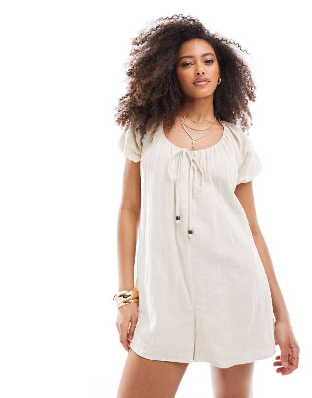 ASOS DESIGN - short sleeve romper playsuit with bead detailing in beige