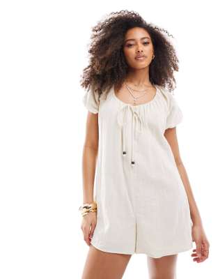 Asos Design Short Sleeve Romper With Bead Detailing In Beige-neutral