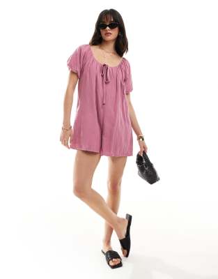 Asos Design Short Sleeve Romper With Bead Detailing In Mauve-purple