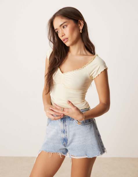 ASOS DESIGN short sleeve ruched lettuce hem top in butter yellow - view 1
