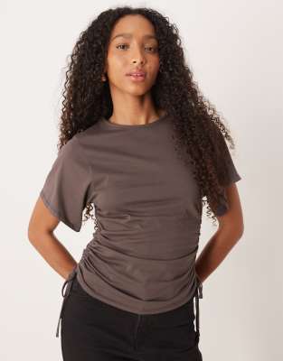 Asos Design Short Sleeve Ruched Tie Side T-shirt In Brown