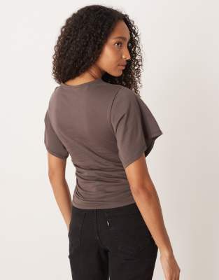 Asos Design Short Sleeve Ruched Tie Side T-shirt In Brown