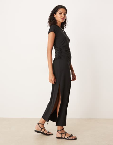 ASOS DESIGN short sleeve ruched waist midi dress in black - view 1