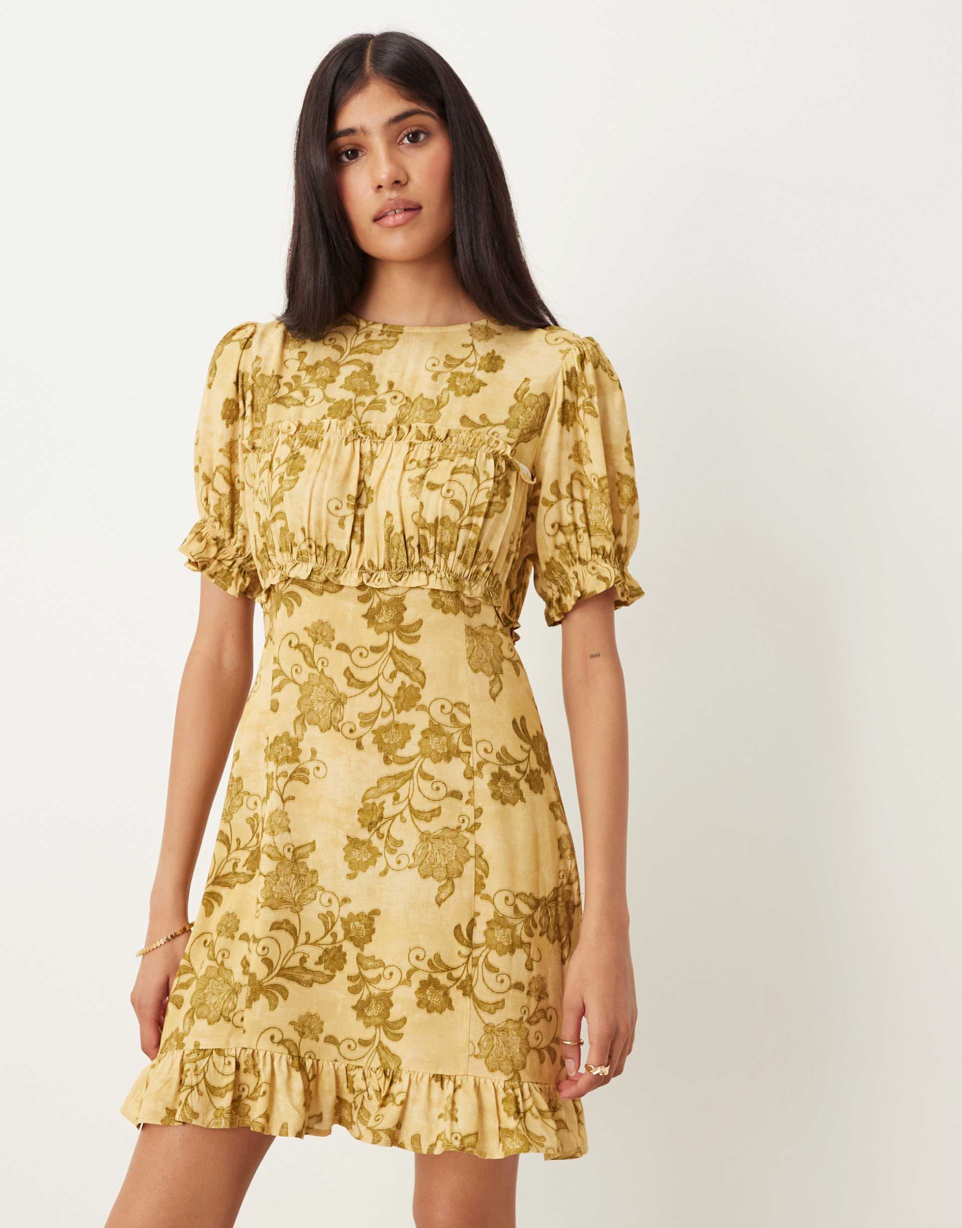 asos design short sleeve ruffle bust mini dress in muted floral