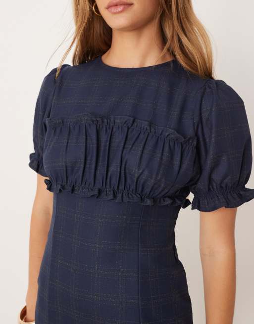 ASOS DESIGN short sleeve ruffle bust mini dress in navy plaid