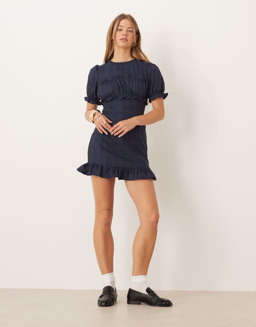 ASOS DESIGN short sleeve ruffle bust mini dress in navy plaid, 3 of 4