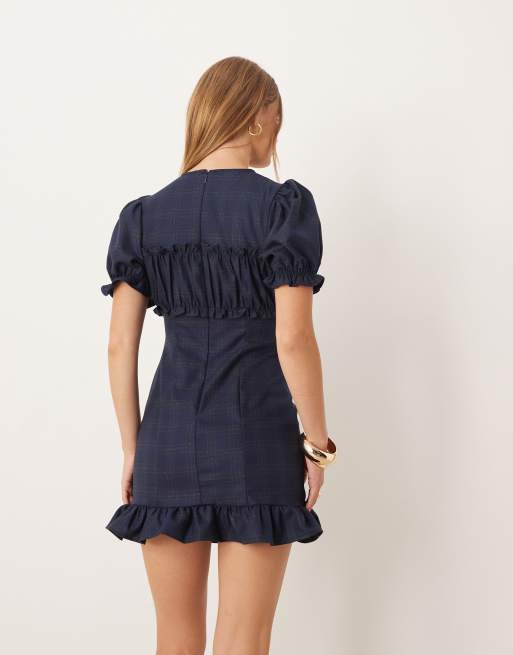 ASOS DESIGN short sleeve ruffle bust mini dress in navy plaid