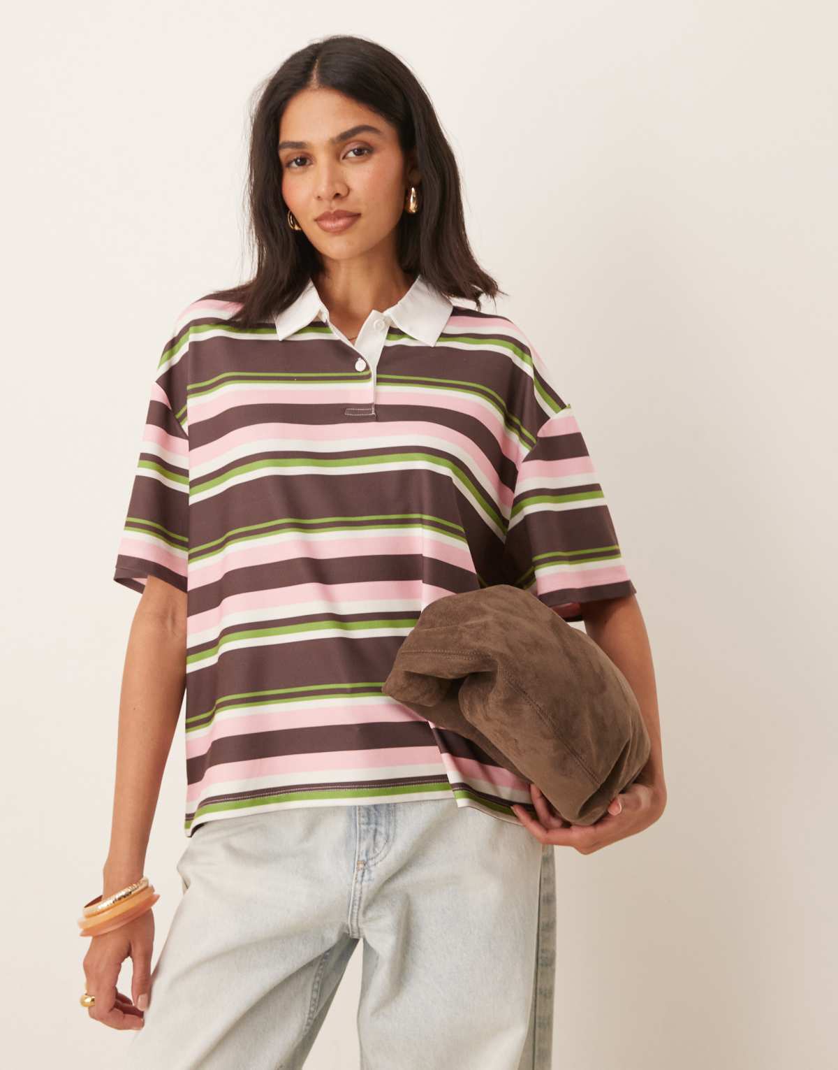 ASOS DESIGN short sleeve rugby collar tee in green and pink stripe