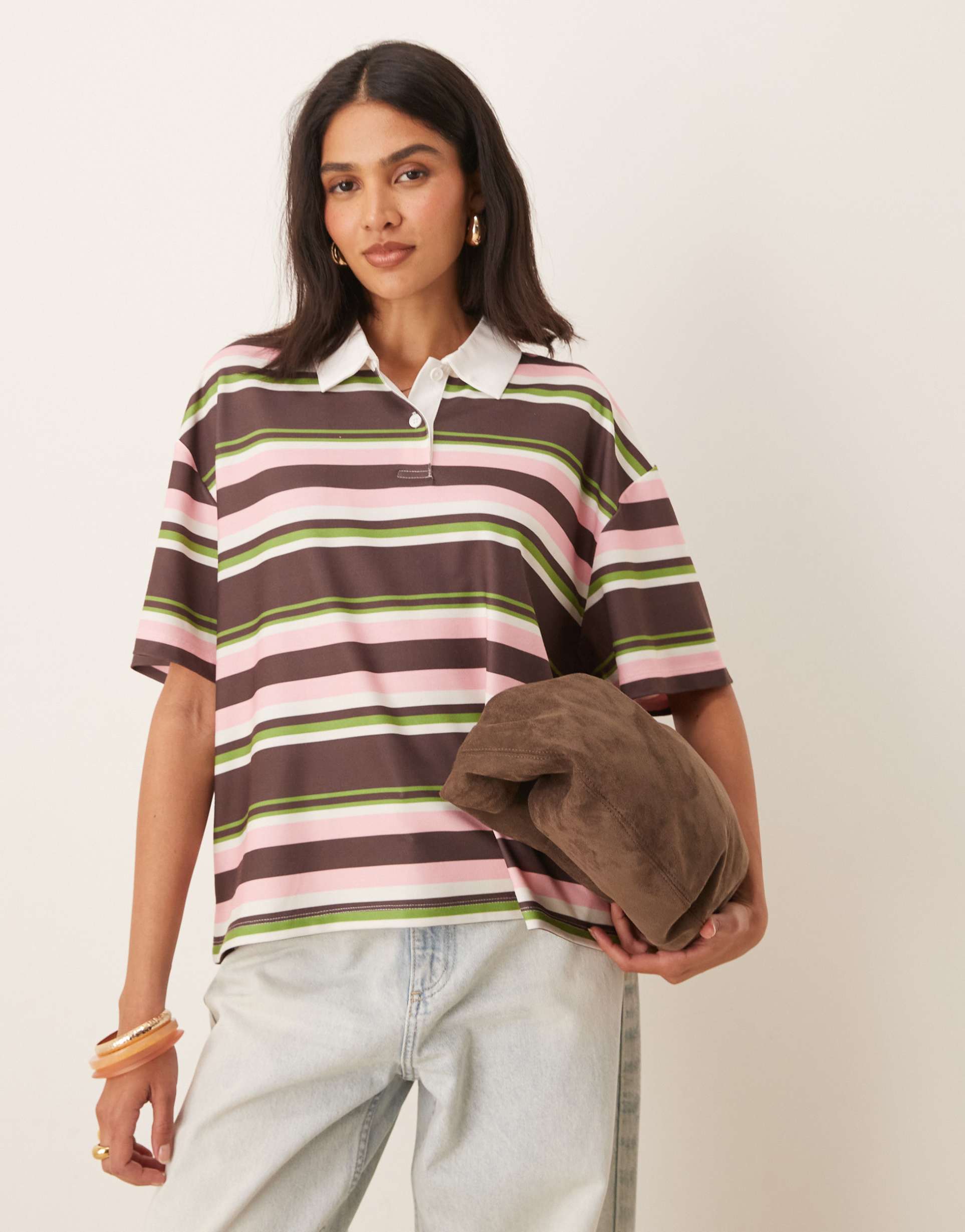 asos design short sleeve rugby collar tee in green and pink stripes