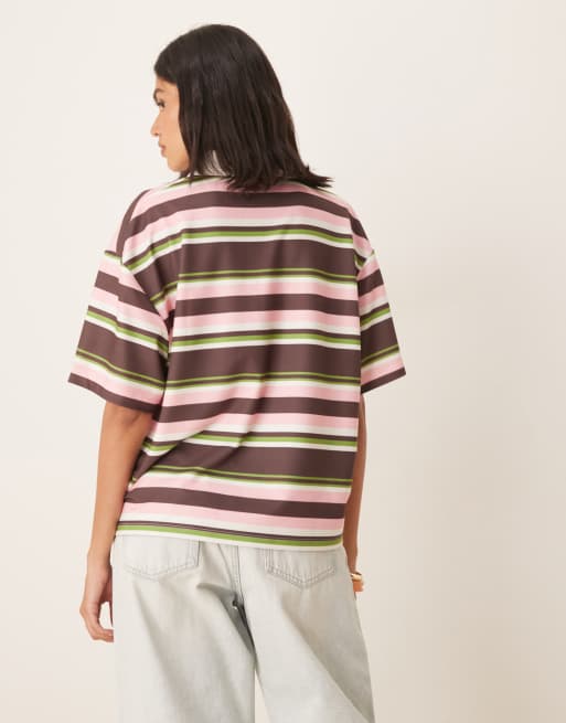 ASOS DESIGN short sleeve rugby collar tee in green and pink stripes, 2 of 4
