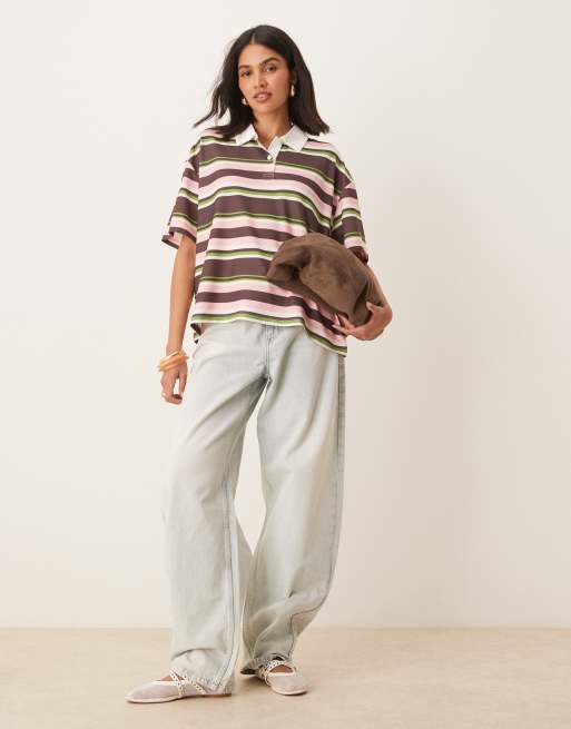 ASOS DESIGN short sleeve rugby collar tee in green and pink stripes, 3 of 4