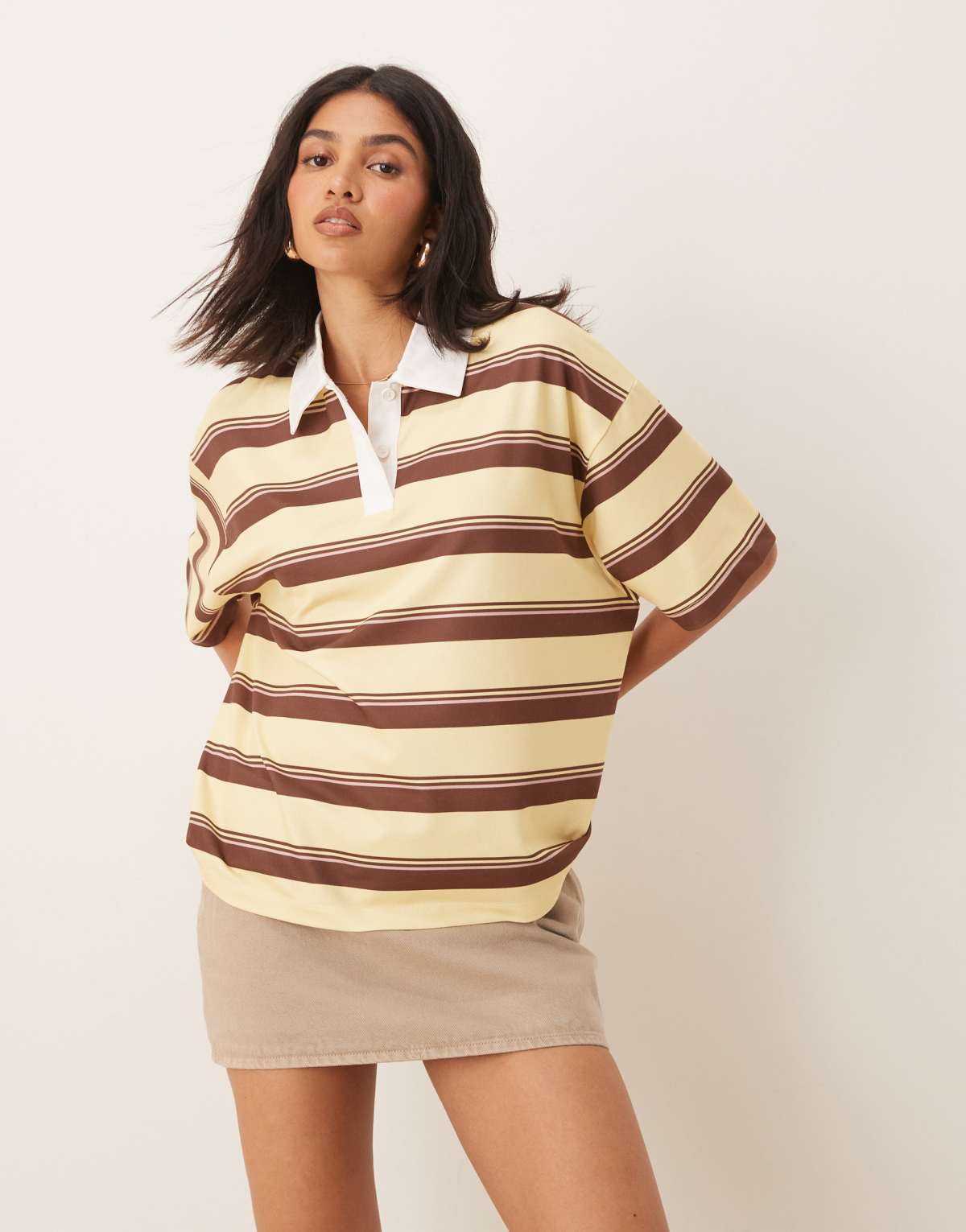 ASOS DESIGN short sleeve rugby collar tee in yellow stripe