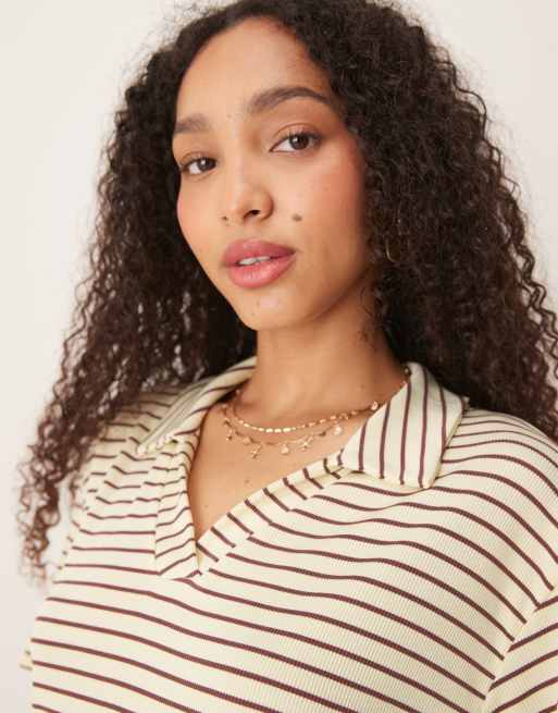 ASOS DESIGN short sleeve rugby collar top co-ord in yellow and choc stripe, 2 of 4