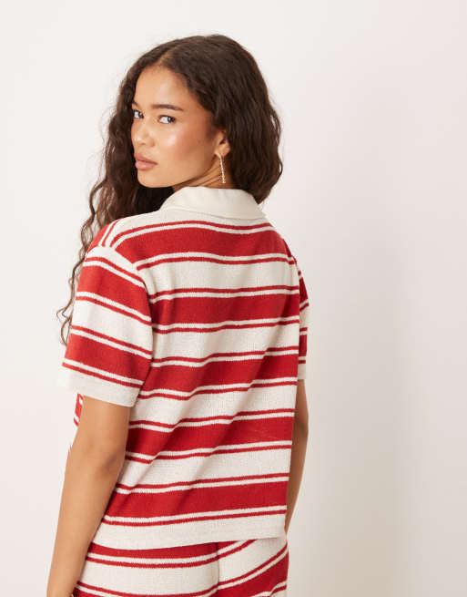 ASOS DESIGN short sleeve rugby collar top in knit red stripe (part of a set), 4 of 4
