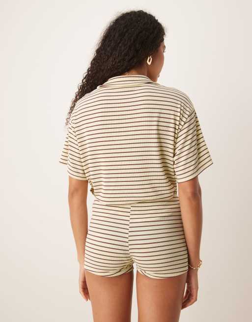 ASOS DESIGN short sleeve rugby collar top in yellow and choc stripe - part of a set, 3 of 4