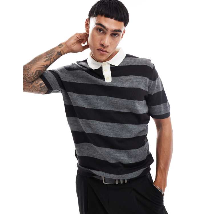 ASOS DESIGN short sleeve rugby polo in gray stripe ASOS