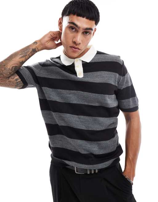 FhyzicsShops DESIGN short sleeve rugby polo in grey stripe