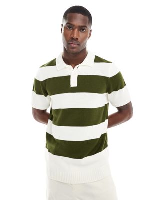 Asos Design Short Sleeve Rugby Polo In Khaki Stripe-green