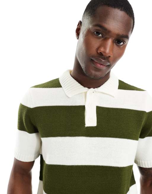 ASOS DESIGN short sleeve rugby polo in khaki stripe ASOS