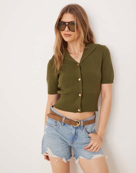 ASOS DESIGN short sleeve sailor collar cardigan in khaki - view 1