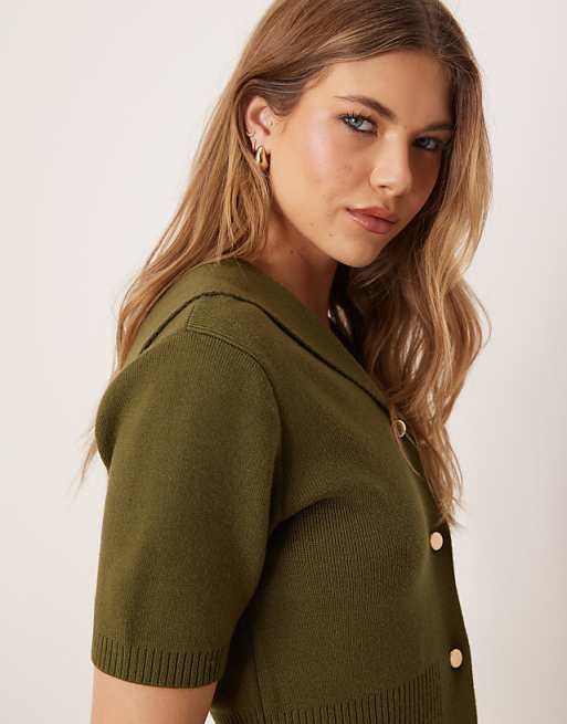 ASOS DESIGN short sleeve sailor collar cardigan in khaki | ASOS ASOS DESIGN short sleeve sailor collar cardigan in khaki | ASOS