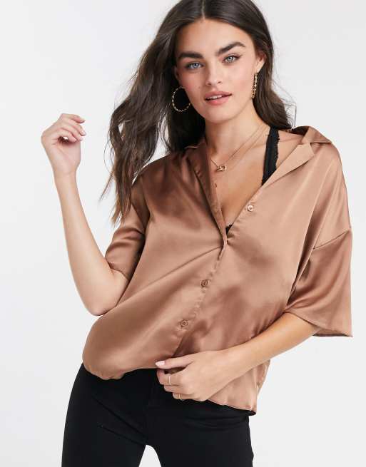 ASOS DESIGN short sleeve satin shirt in chocolate brown