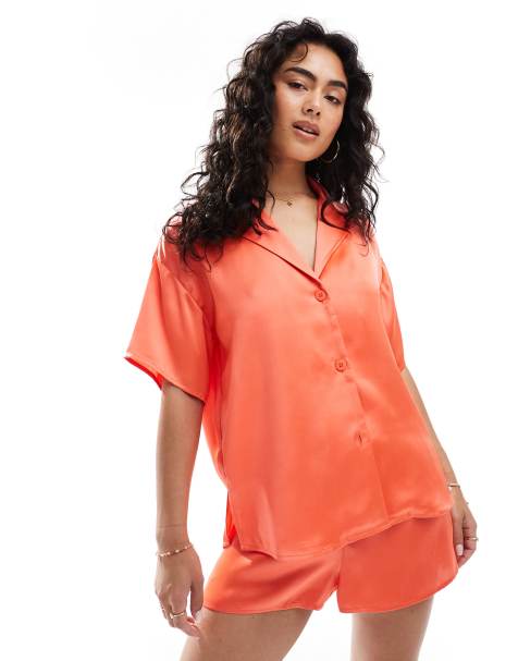 ASOS DESIGN short sleeve satin shirt in coral (part of a set) - view 1