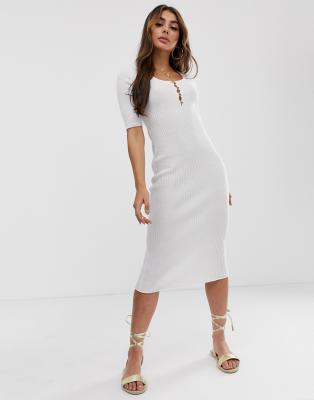 ASOS DESIGN short sleeve scoop neck midi dress with button detail-Cream