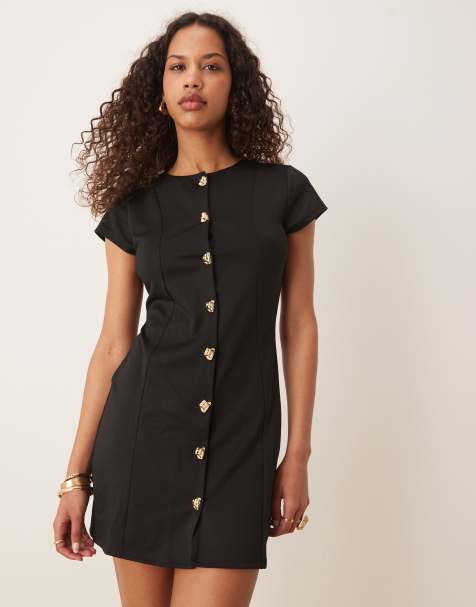 ASOS DESIGN short sleeve seam button detail mini dress in black - view 1