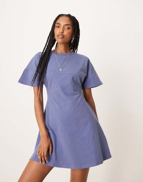 ASOS DESIGN short sleeve seam detail fitted mini dress in blue - view 1