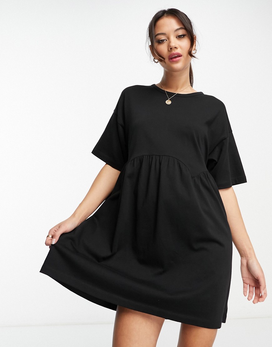 ASOS DESIGN short sleeve seam detail mini smock dress in black