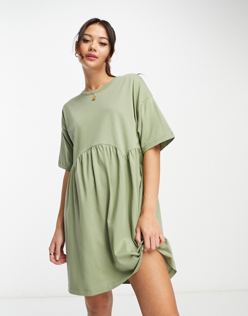 ASOS DESIGN short sleeve seam detail mini smock dress in khaki-Green