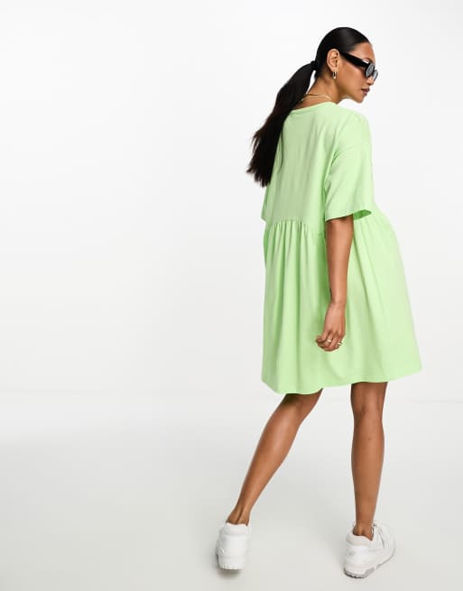 ASOS DESIGN short sleeve seam detail mini smock dress in lime, 2 of 4