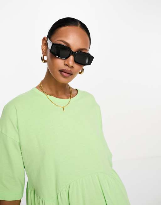 ASOS DESIGN short sleeve seam detail mini smock dress in lime, 3 of 4