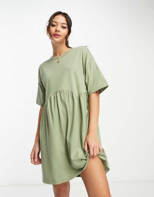 ASOS DESIGN short sleeve seam detail mini smock dress in sage