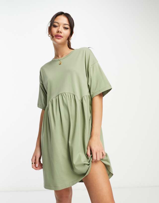 ASOS DESIGN short sleeve seam detail mini smock dress in sage