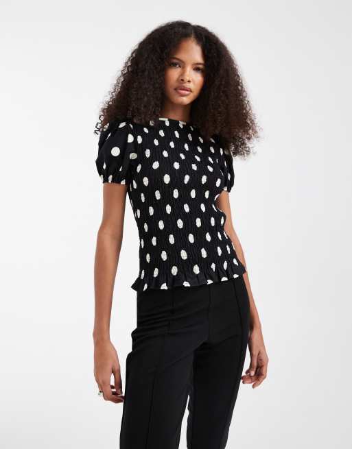 ASOS DESIGN short sleeve shirred top in mono polka dot co ord, 3 of 4