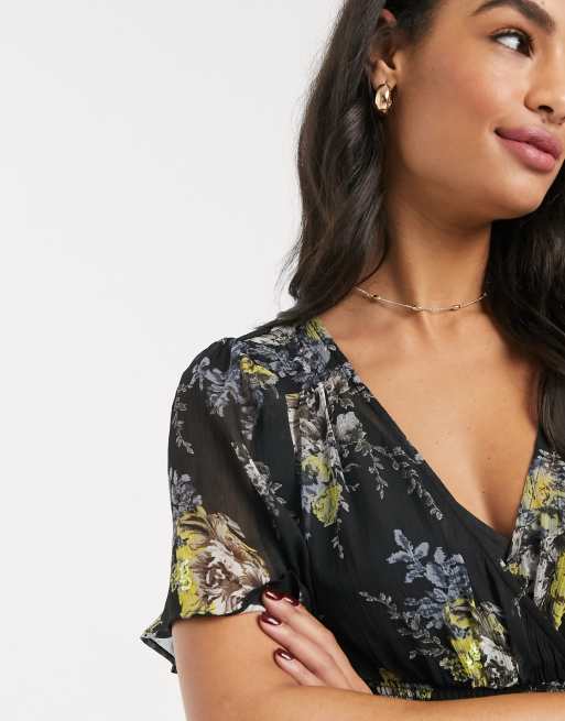 Asos design long sleeve mini dress in floral clearance print with cluster embellishment detail and circle trims