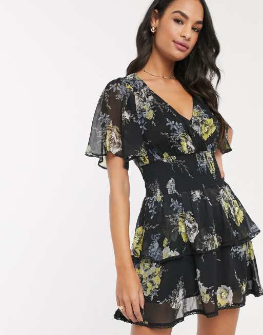 Asos design long sleeve mini dress in floral hot sale print with cluster embellishment detail and circle trims