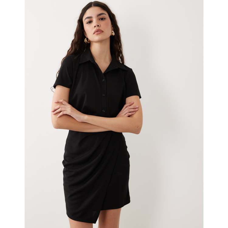 black wrap dress with short sleeves Black Wrap Front Midi Dress with Short Sleeves